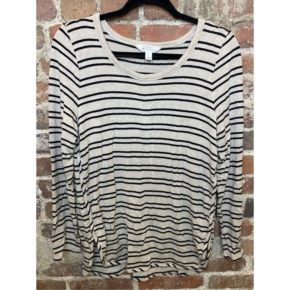 Market & Spruce Beige/Black Striped Soft Knit long Sleeve Tshirt Women’s Size La